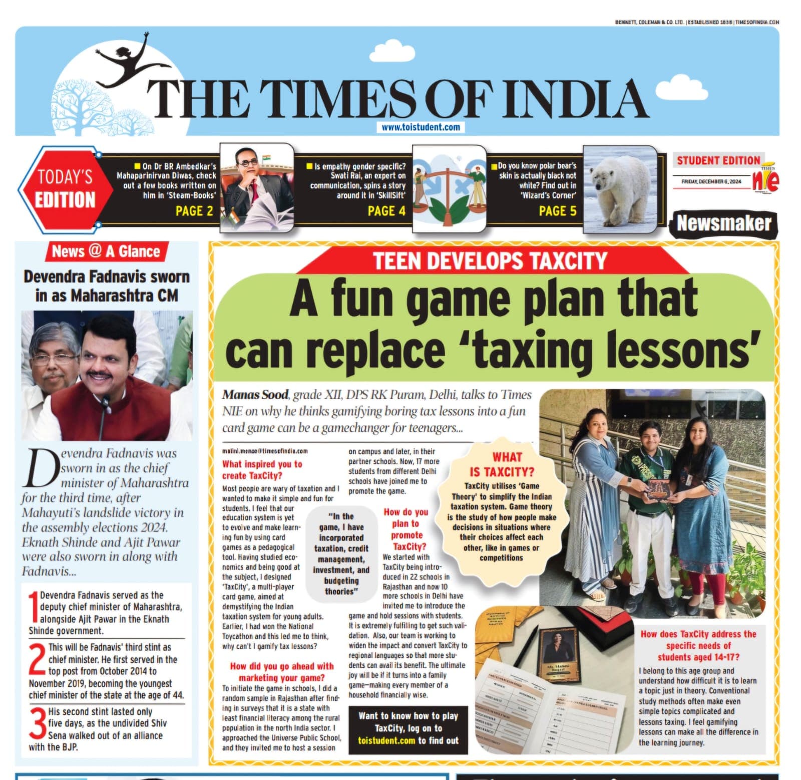 Manas Sood featured on the front page of The Times of India